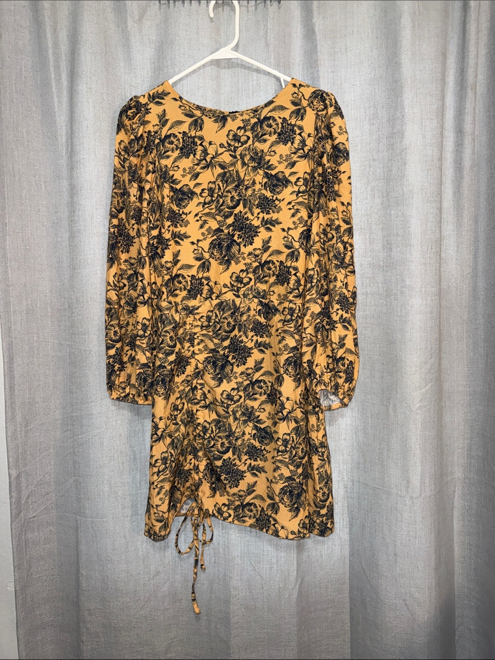 Nasty Gal Mustard Floral Ruched Drawstring Mini Dress Long Sleeve